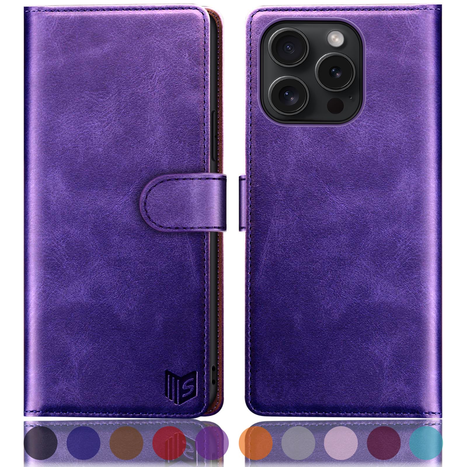 SUANPOT compatible with iPhone 16 Pro 6.3" case with [Credit Card Holder][RFID Blocking],PU Leather Flip Book Protective Cover Women Men for Apple 16 Pro Phone case Purple