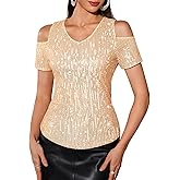 DRESSTELLS Women's Sequin Sparkly Tops, Holiday Party Glitter Easter V-Neck Short Sleeve Shirts for Concert Club