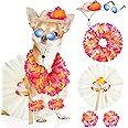 6 Pcs Halloween Pet Dog Hawaiian Costume Includes Tutu Skirt Sunglasses Summer Grass Dresses with Straw Hat and Garland Pet Outfit Costumes for Puppy Hawaii Luau Party Supplies