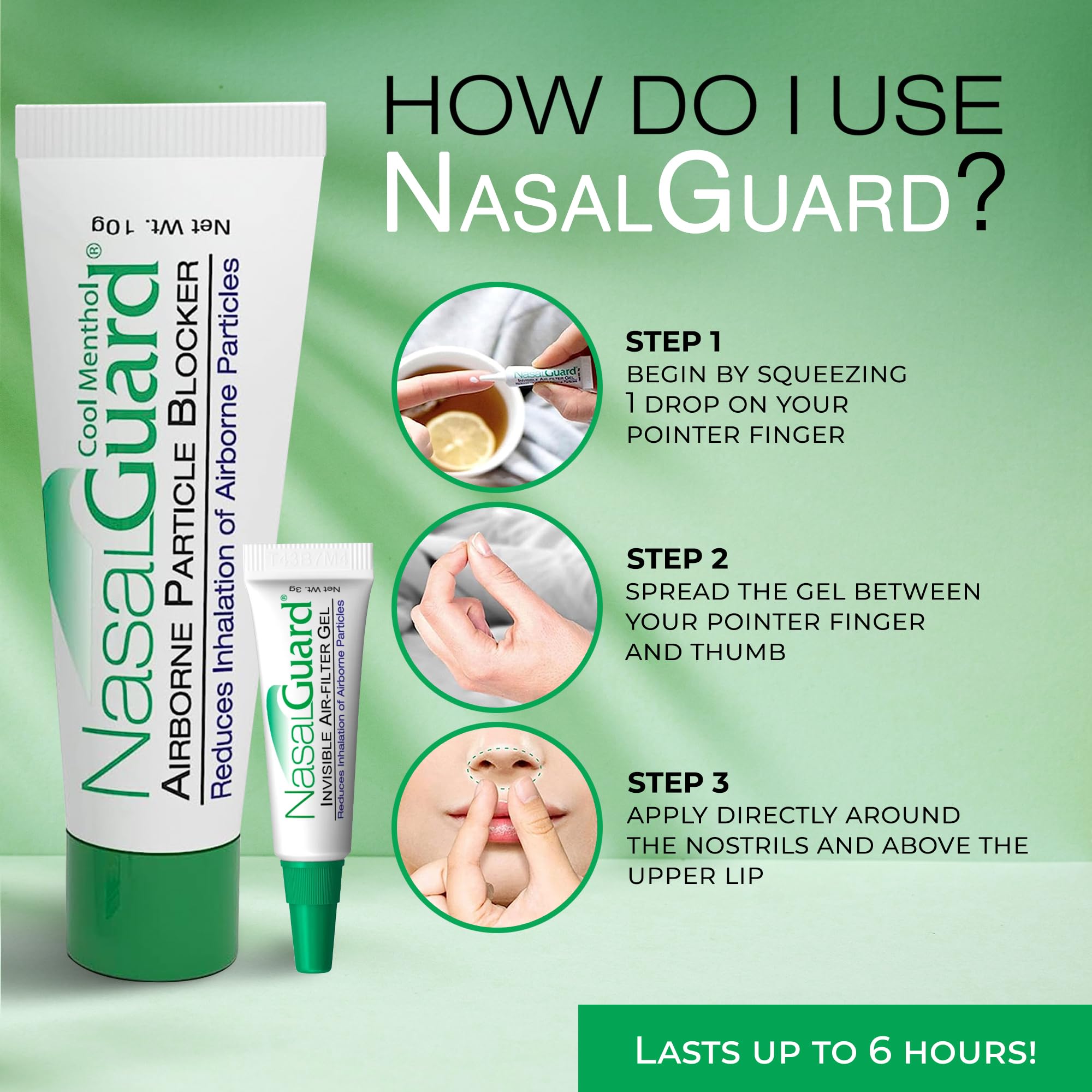 NasalGuard Airborne Particle Blocker Nasal Gel for Air Travelers - Drug-Free, Non-irritating, Non-drowsy, Ideal for Airplane Travel (Cool Menthol) - 10 gram Tube (0.35 oz, Pack of 1)