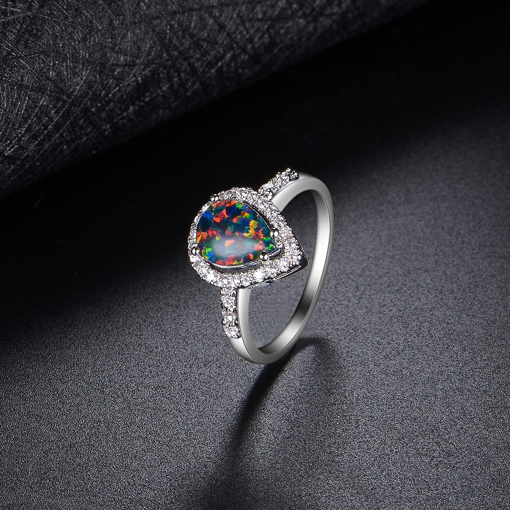 Dnswez Teardrop CZ Cubic Zirconia Green Fire Opal Ring Silver Statement Band Ring(8)