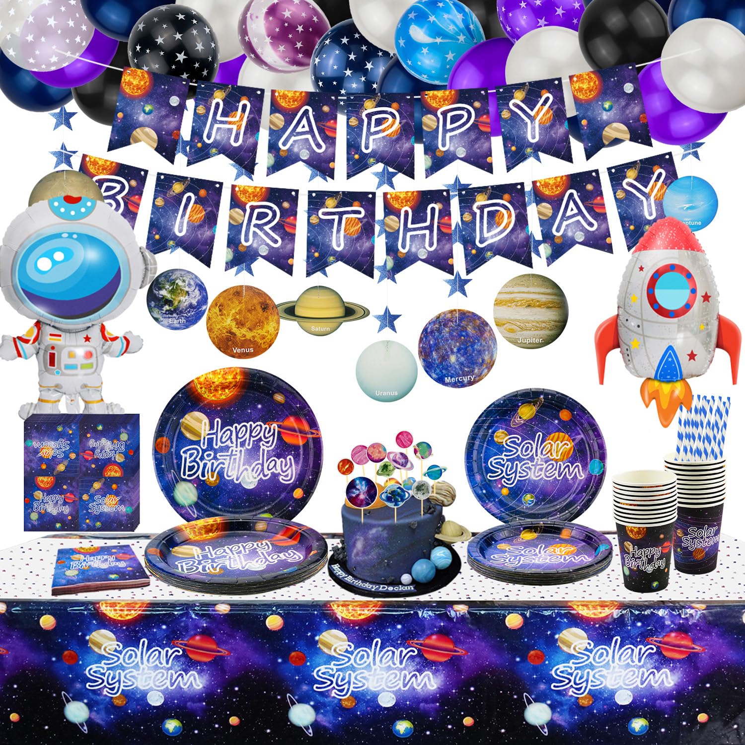 226 PCS Outer Space Party Supplies - Solar System Planet Balloon, Happy Birthday Banner, Hanging Swirls, Cake Topper, Plates, Napkins, Cup, Tablecloth for Boy Kid Party Decorations, Serves 20 Guest