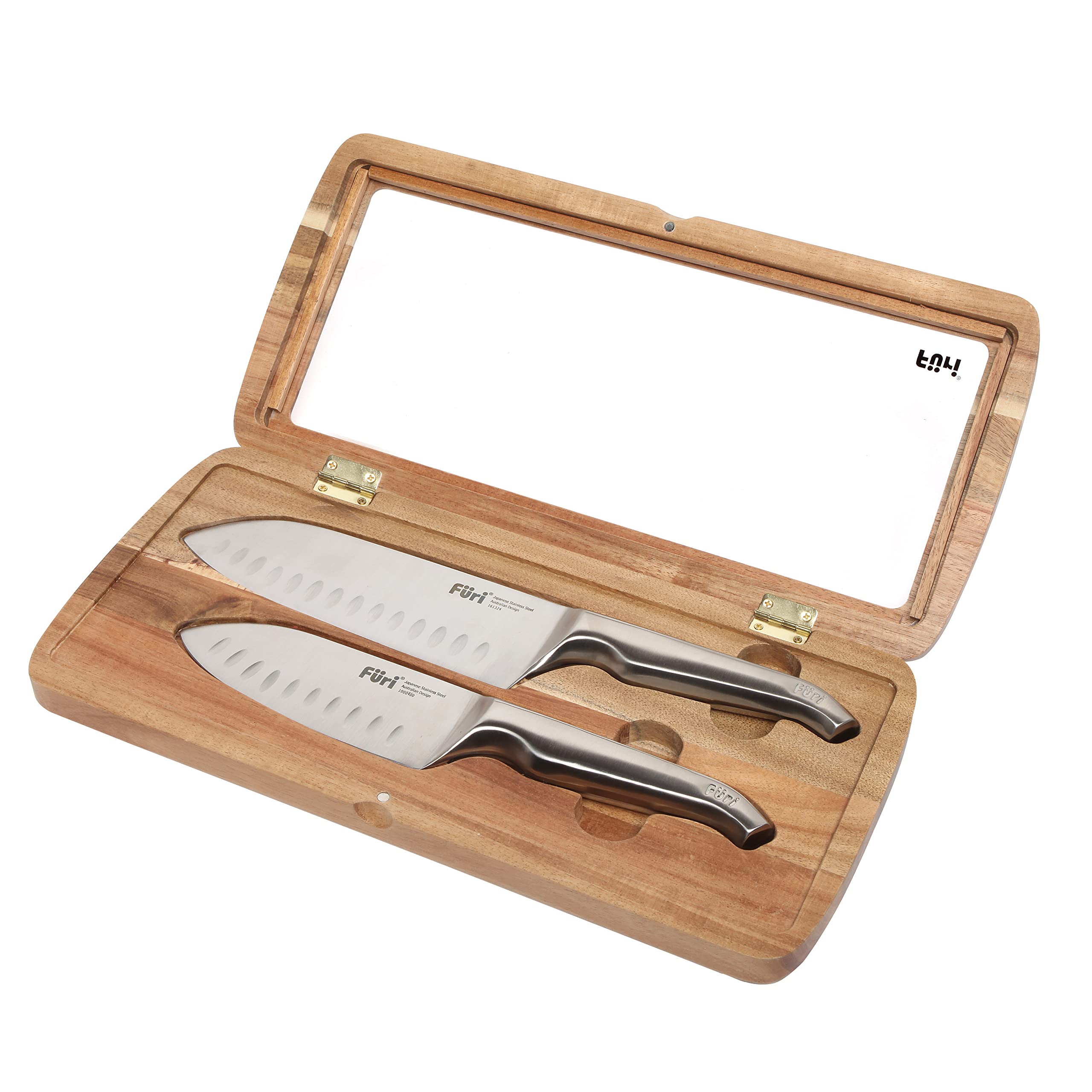 Furi Pro Acacia East/West Santoku Knife Set 2 pc, Acacia Wood Gift Box with Two Premium Knives for a Superior Cutting Performance, Stainless Steel Blades, Ergonomic Reverse-Wedge, Anti-Fatigue Handle