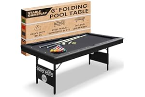 SereneLife 6-Ft Folding Pool Table - Best in Stability - Steel Frame, Fully Supported Slate, Welded Leg Supports with Safety Anti Collapse Locks, 128LB Heavy Duty Billiard Game and Accessory Set