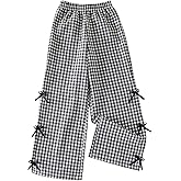 Verdusa Girl's Gingham Plaid Bow Long Pants Wide Straight Leg Loose Trousers
