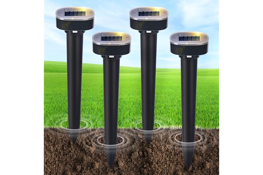 4 Pack Mole Repellent Solar Powered, Snake & Skunk & Vole & Gopher & Armadillo & Rabbit & Groundhog & Chipmunk & Raccoon Repe