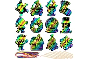 RICEDUO Christmas Scratch Crafts Art for Kids, 48 Pieces Rainbow Christmas Scratch Paper Art with Wooden Sticks, Christmas Ornaments for Kids Party Favors Supplies