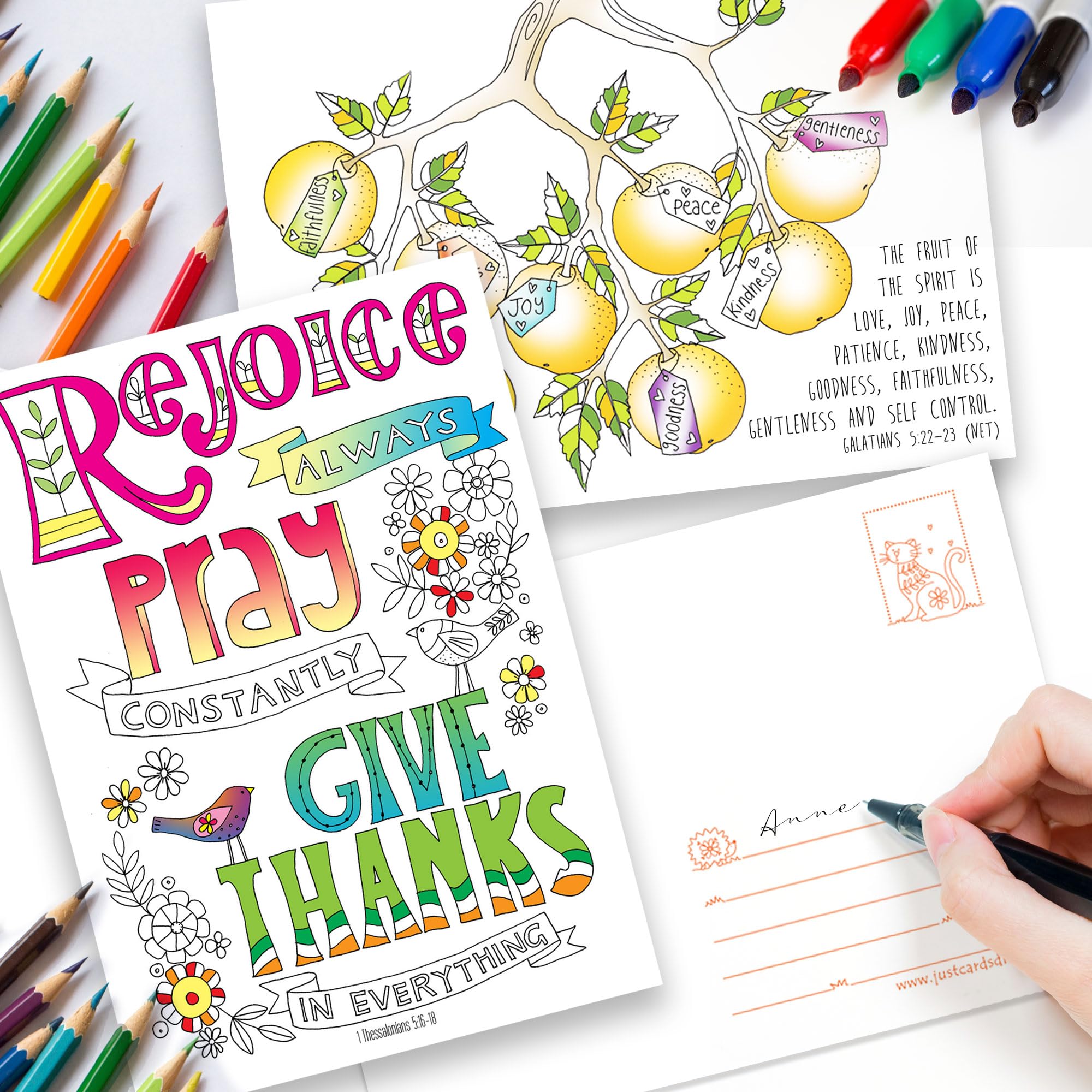 Christian Colouring Postcards, Images of Joy, Pack of 10 Different Designs, with Coloured Bible Verse on Reverse. Makes a Great Christian Gift for Adults or Children, by Just Cards Direct.