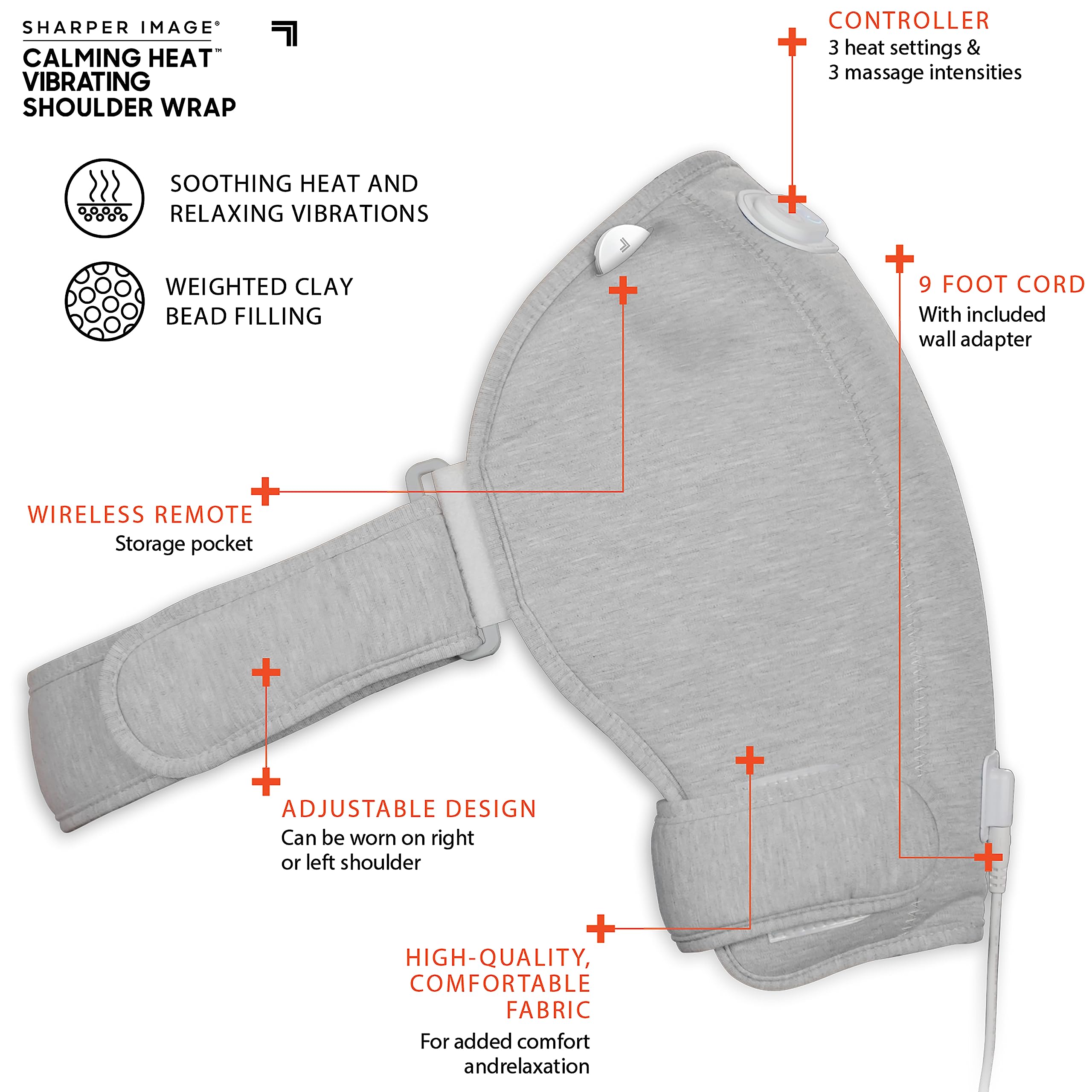 Calming Shoulder Wrap by Sharper Image - Electric Heating Pad with Vibrations & Soothing Heat, Left or Right Shoulder Brace, 3 Heat, 3 Vibration Settings - 9 Relaxing Combinations