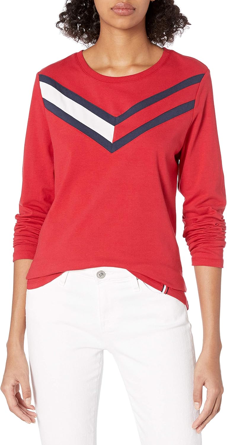 Tommy Hilfiger Women's Long Sleeve Crew Neck Logo Tee, Rich Red, Large