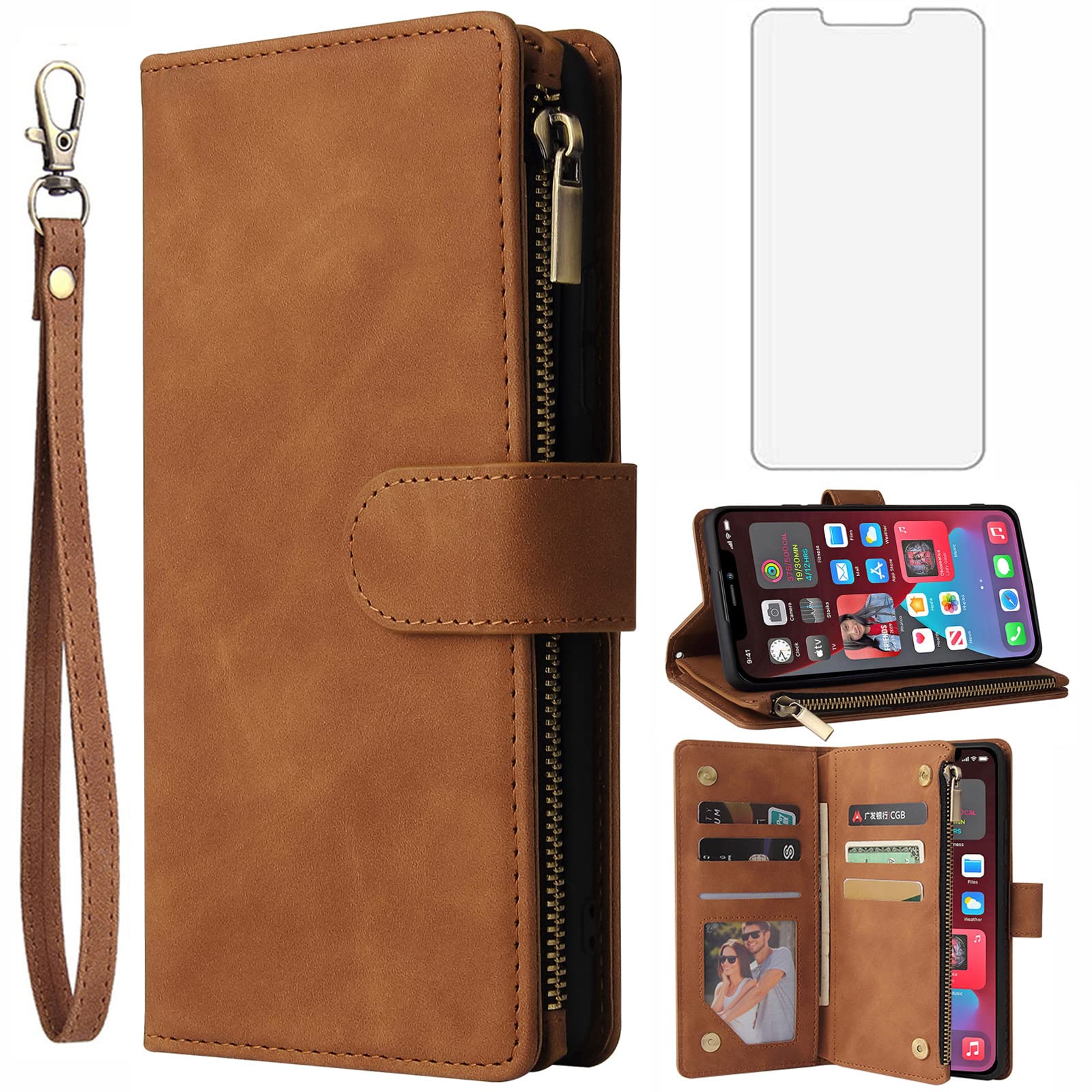 Asuwish Compatible with iPhone 12 Pro Max 6.7 Wallet Case Tempered Glass Screen Protector and Flip Cover Card Holder Phone Cases for iPhone12promax 5G i 12s Plus iPhone12 12pro Promax Women Men Brown
