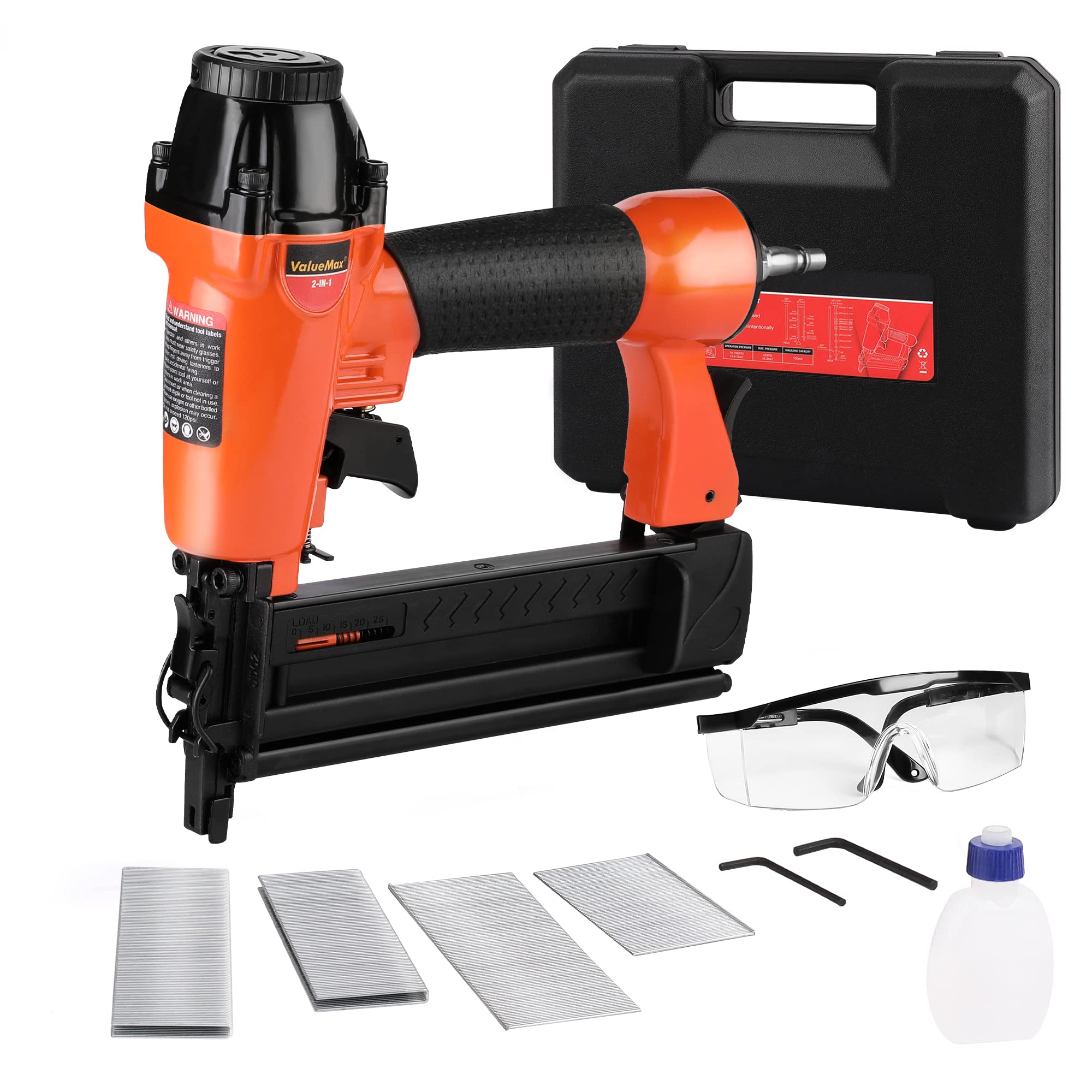 ValueMax 2-in-1 Air Nail Gun with 18GA 200 Nails & 200 Staples, Pneumatic Brad Nailer and Stapler with Safety Nose and Magazine Level Indicator, Comes with a Storage Case