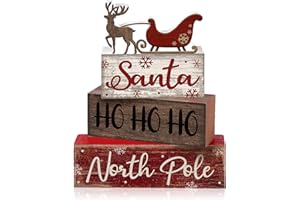 Moucuny 4 Pcs Reindeer Christmas Table Decor Wooden Reindeer Christmas Tiered Tray Decor Xmas Centerpiece Decorative Red Deer Pulled Sleigh Block Signs Gift Farmhouse Xmas Decoration for Home Kitchen