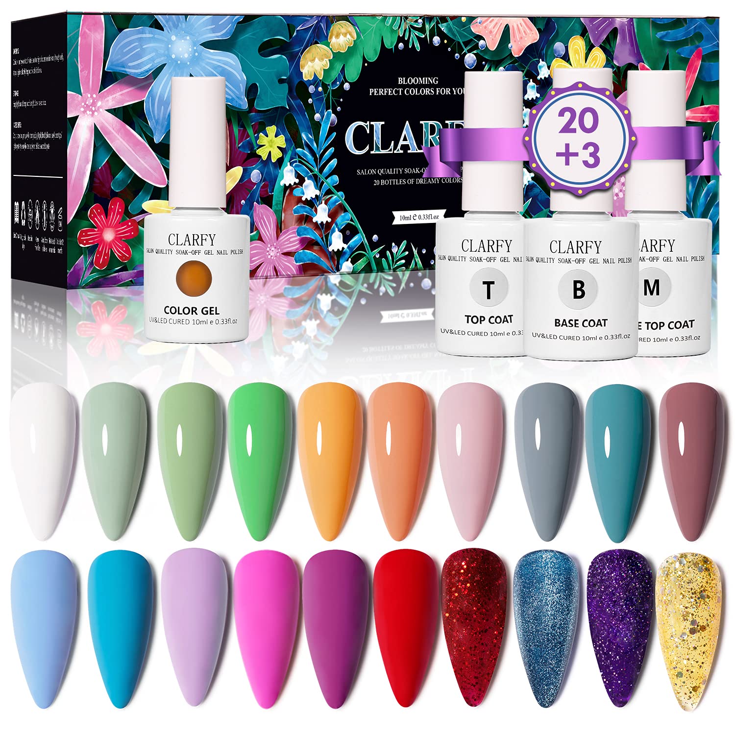 CLARFY 10ML Gel Nail Polish Kit, 20+3 Spring Summer UV Nail Polish with Base, Matte and Glossy Top Coat Set, Red Pink Purple Blue White Safe Nail Polish for Nail Art, Home DIY, Salon, Gifts for Girl
