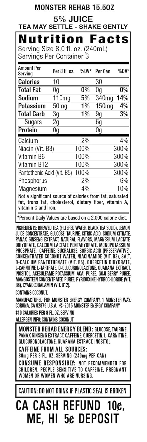 Monster Rehab Tea + Lemonade + Energy, Energy Iced Tea, 15.5 Ounce (Pack of 24) : Grocery & Gourmet Food