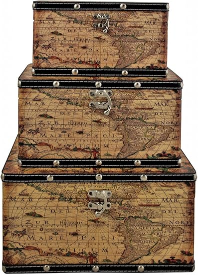 Dgp Lot De 3 Style Vintage Vieux Carte Du Monde Boites De Rangement Coffres Coffres Amazon Fr Cuisine Maison