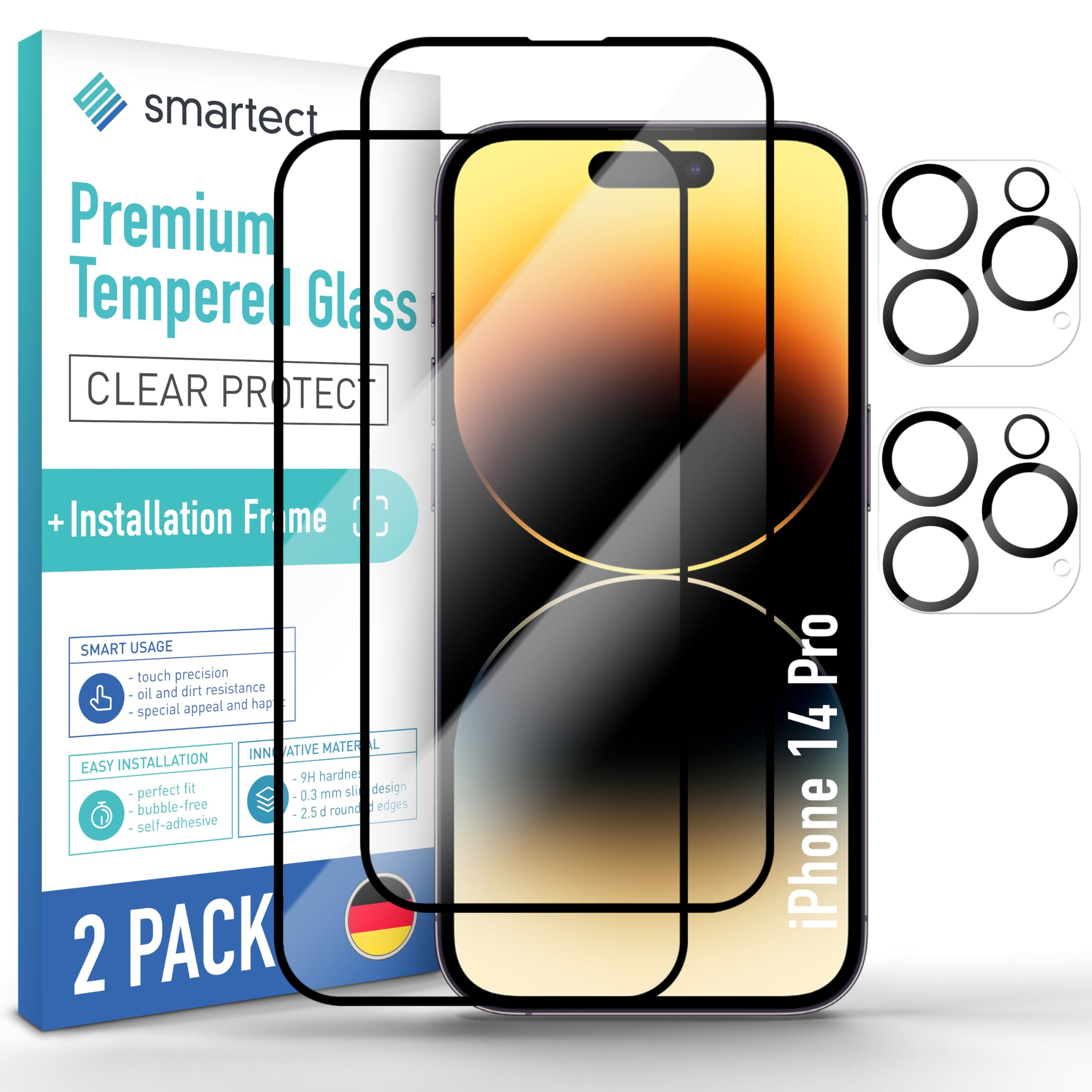 smartect Glass Screen Protector [2 + 2 Pieces, Full Screen] for iPhone 14 Pro, Display + Camera, incl. Installation Frame, HD Protective Film Anti Scratch, Bubble Free, 9H Hardness, Ultra Resistant
