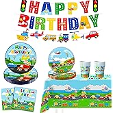 Transport Birthday Party Supplies, 24 Guests Transportation Party Tableware Set Transport Party Decoration Banner Tablecloth Plates Cups Napkins for Train Bus Car Birthday Party