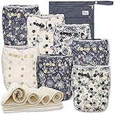 Nora's Nursery Cloth Diapers 7 Pack with 7 Inserts & 1 Wet Bag - Waterproof Cover, Washable, Reusable & One Size Adjustable Pocket Diapers for Newborns and Toddlers - Country Garden