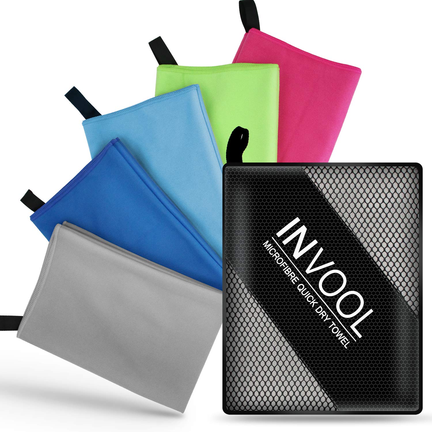 Invool Microfiber Towel, 5 colours with carry bag - Quick Dry Towel for Travel, Camping, Fitness, Beach, Vacation, Fast Drying and Absorbent
