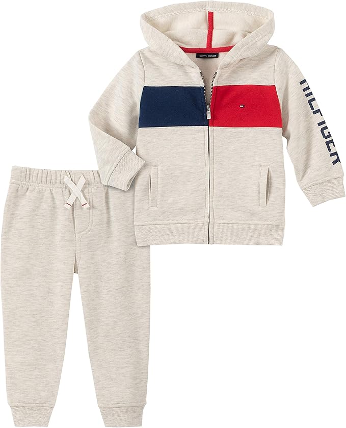 Tommy Hilfiger Baby Boys 2 Pieces Hooded Jog Set, Oatmeal, 36 Months