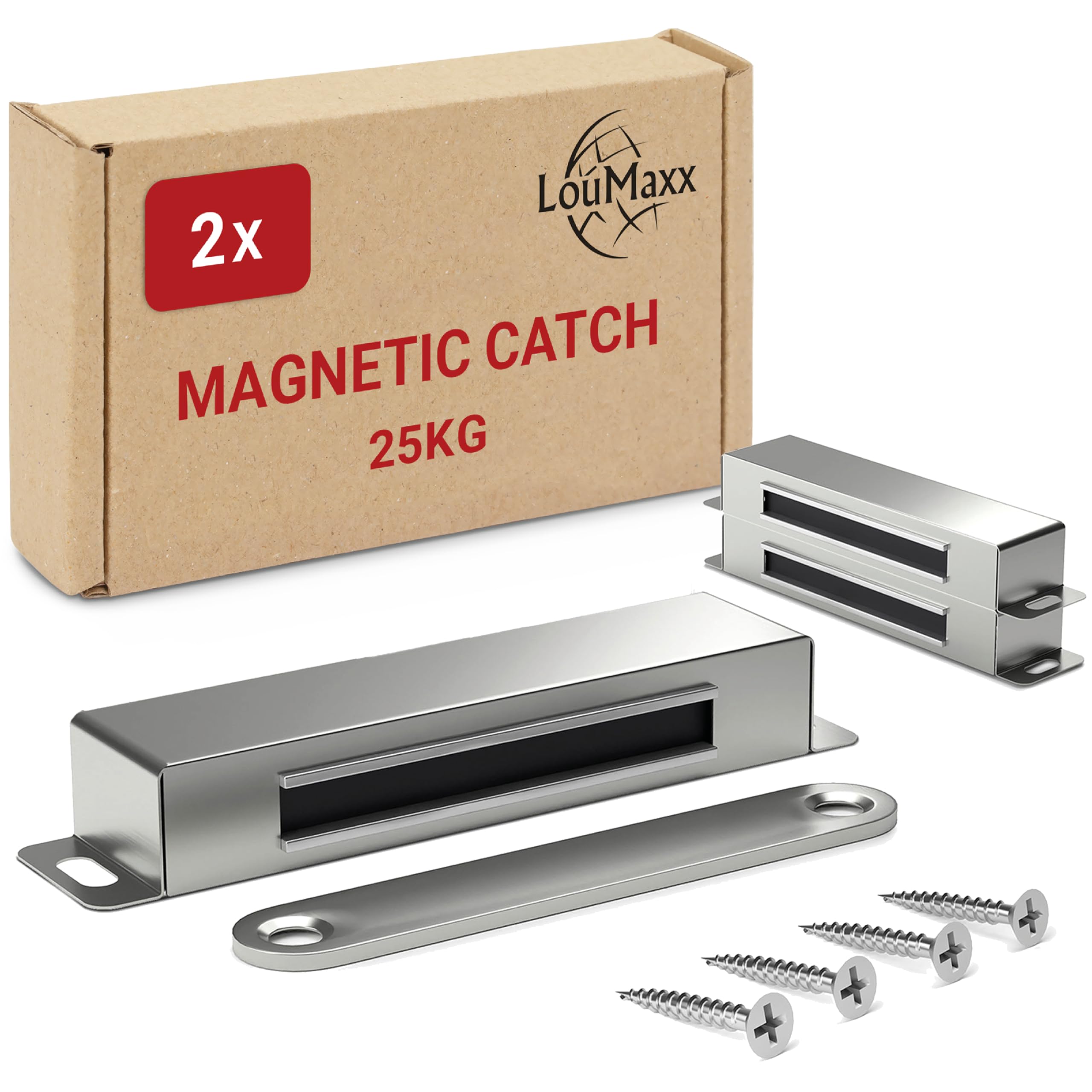 LouMaxx Magnetic Door Catch Extra Strong – Holding Force 25kg – Set of 2 in Stainless Steel – Cabinet Magnets - Door Magnet - Door Magnetic Catch - Magnetic Cabinet Latch - Magnetic Door Latch