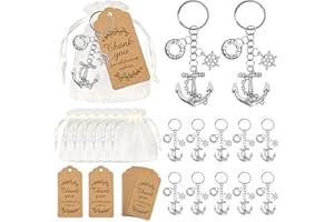 BANBALLON 12Set Nautical Party Favors Anchor Keychain with Rudder Lifebuoy and Gauze Bag Thank You Tags for Engagement Wedding Nautical Adventure Themed Party (Silver)