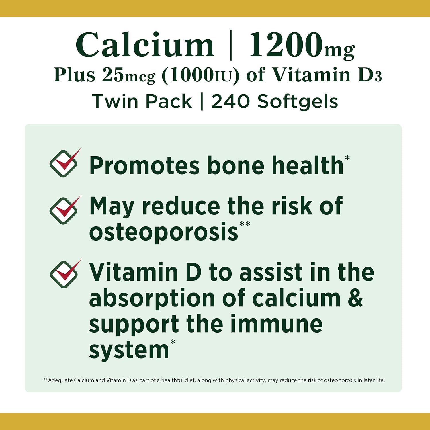 Calcium & Vitamin D by Nature's Bounty, Immune Support & Bone Health, 1200mg Calcium & 1000IU Vitamin D3, 120 Softgels (2-Pack): Health & Personal Care