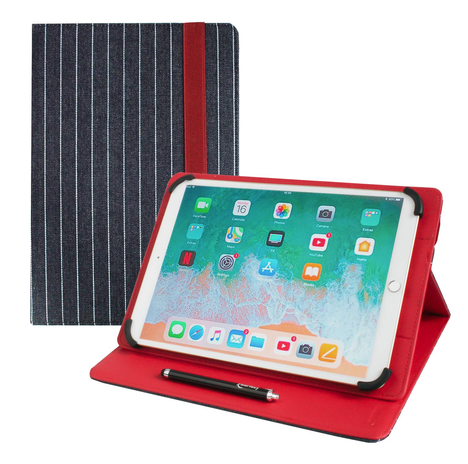 Emartbuy Universal 10-11.5 Inch Denim Straight Line Multi Angle Folio Wallet Case Cover With Card Slots and Stylus Pen Compatible With Selected Devices Listed Below