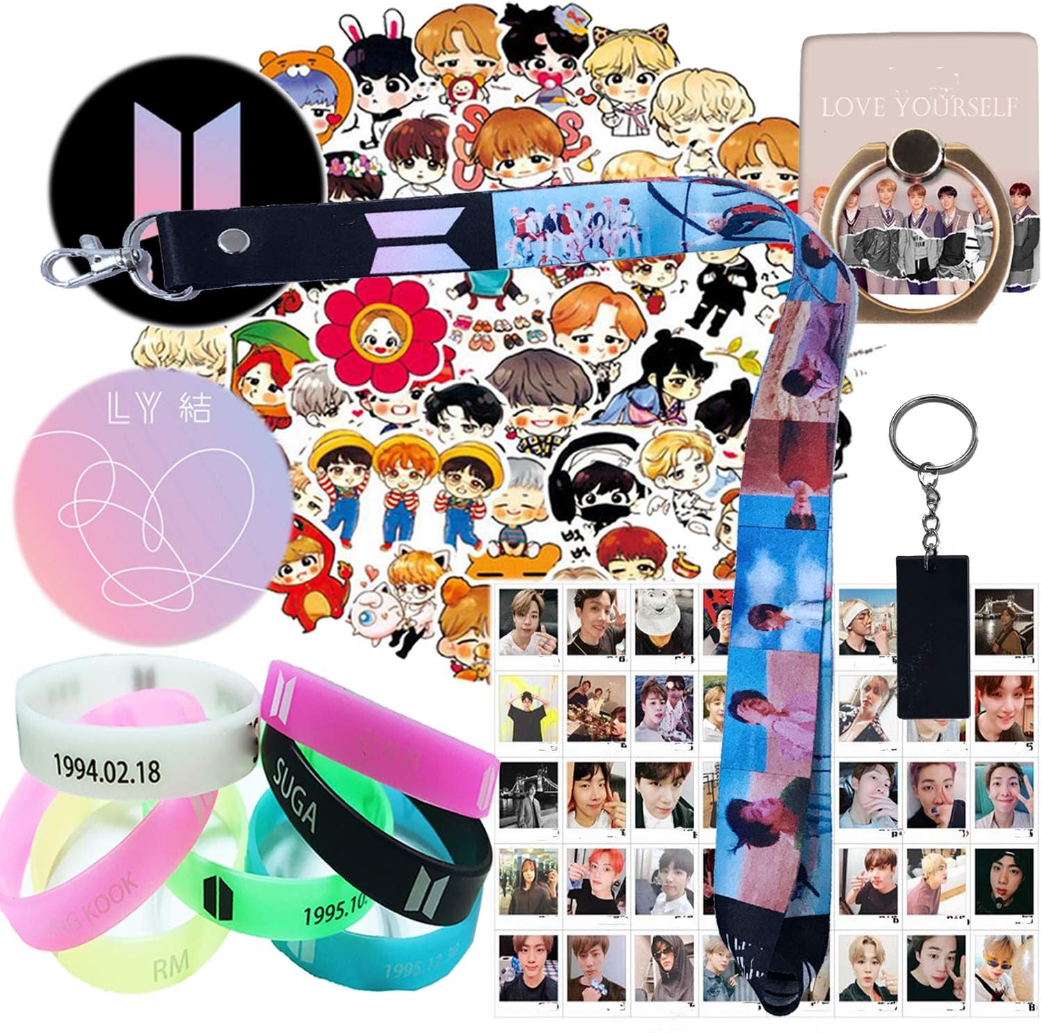 Fans Gift Set - 1 Wristlet Lanyard Keychain, 8 Ins Cards, 7 Silicone Bracelet, 1 Phone Ring Stand, 1 Keychain, 40 Lomo Card, Set of 63 Piece Laptop Stickers, 2 Button Pin, 1 Tattoo Sticker