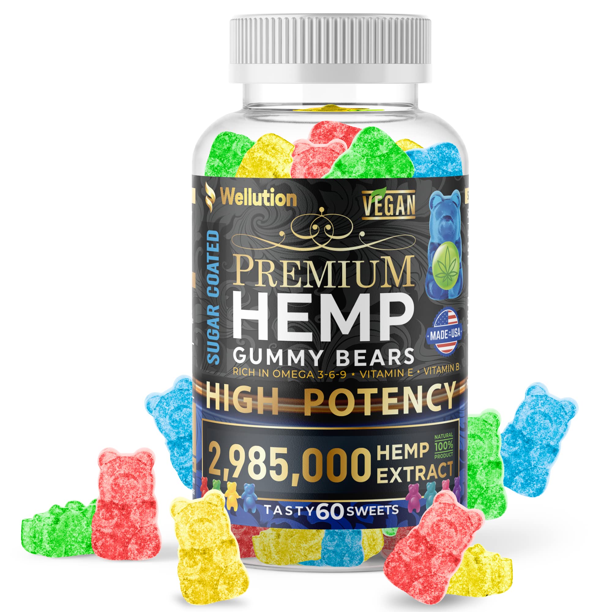 wellution hemp gummies sugar coated - fruity gummy bear with hemp oil. natural hemp candy supplements - omega 3, 6 & 9 + vitamins b & e