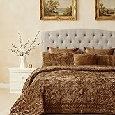 COCOPLOCEUS 3 Pieces Luxurious Velvet Oversized King Quilts Set 120x128 Ruched Bedspread Coverlet Quilted Bedding Set with 2 Pillow Shams 20x36 Ultra Soft Comforter for All Season, Caramel