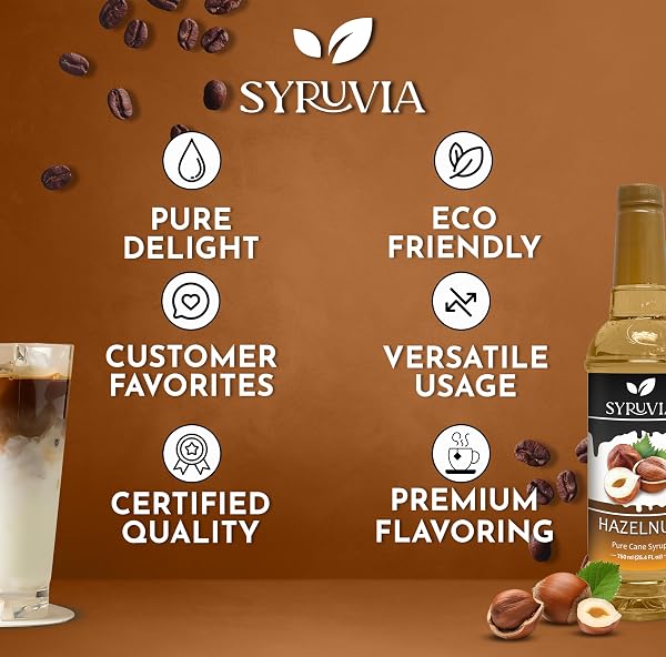 SYRUVIA COFFEE SYRUP, HAZELNUT FLAVORED SYRUP FOR DRINKS, LATTES, AND DESSERTS – 25.4 FL OZ – WITH PUMP