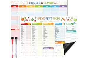 THBOXES 2 Pack Baby First Foods Checklist, 14x10"Baby Food Chart with 2 Dry Erase Markers, Magnetic Baby's First Food Tracker & Daily Food Log Meal Planner, 101 Foods Before 1 Checklist Magnet for Fridge