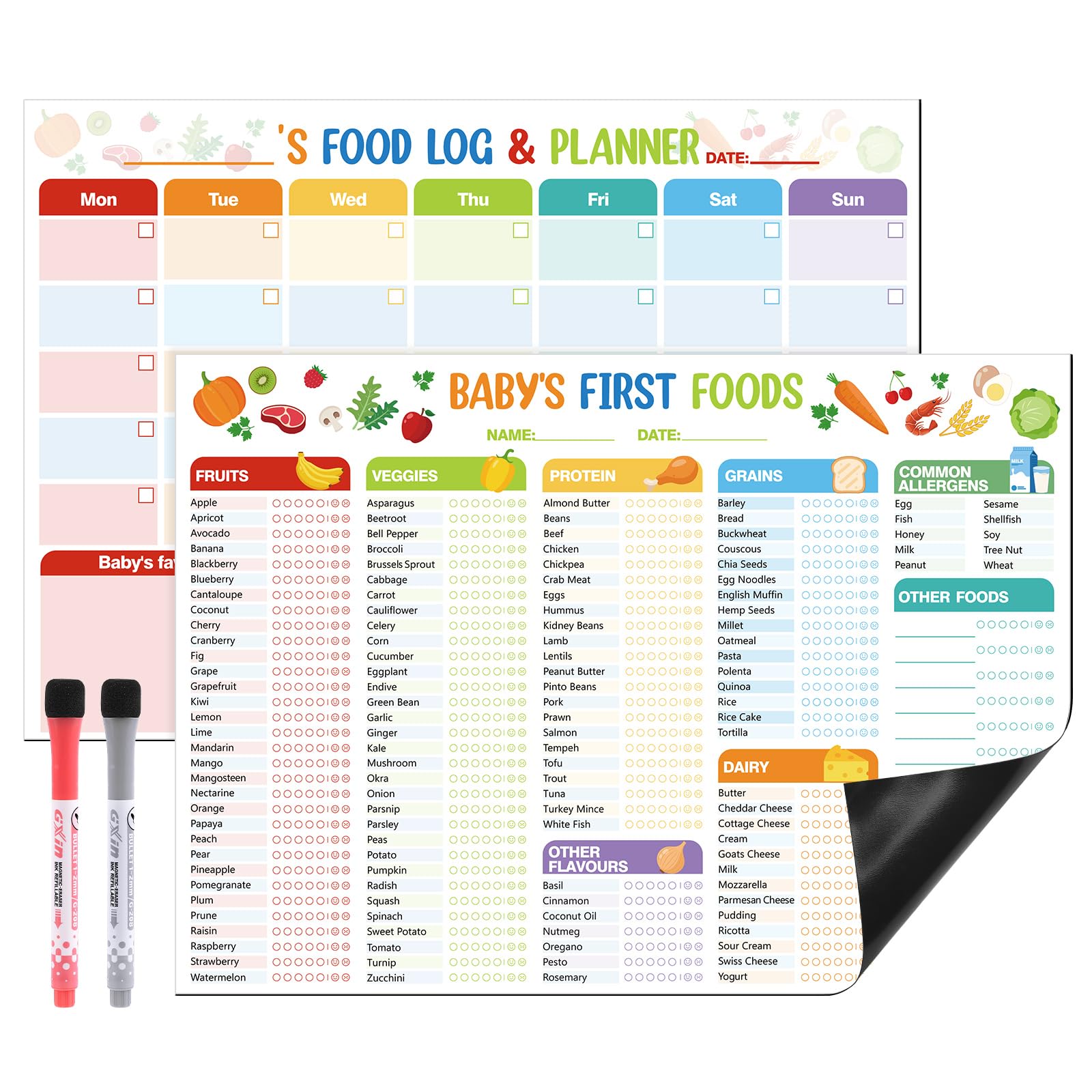 Photo 1 of 2 Pack Baby First Foods Checklist, 14x10"Baby Food Chart with 2 Dry Erase Markers, Magnetic Baby's First Food Tracker & Daily Food Log Meal Planner, 101 Foods Before 1 Checklist Magnet for Fridge