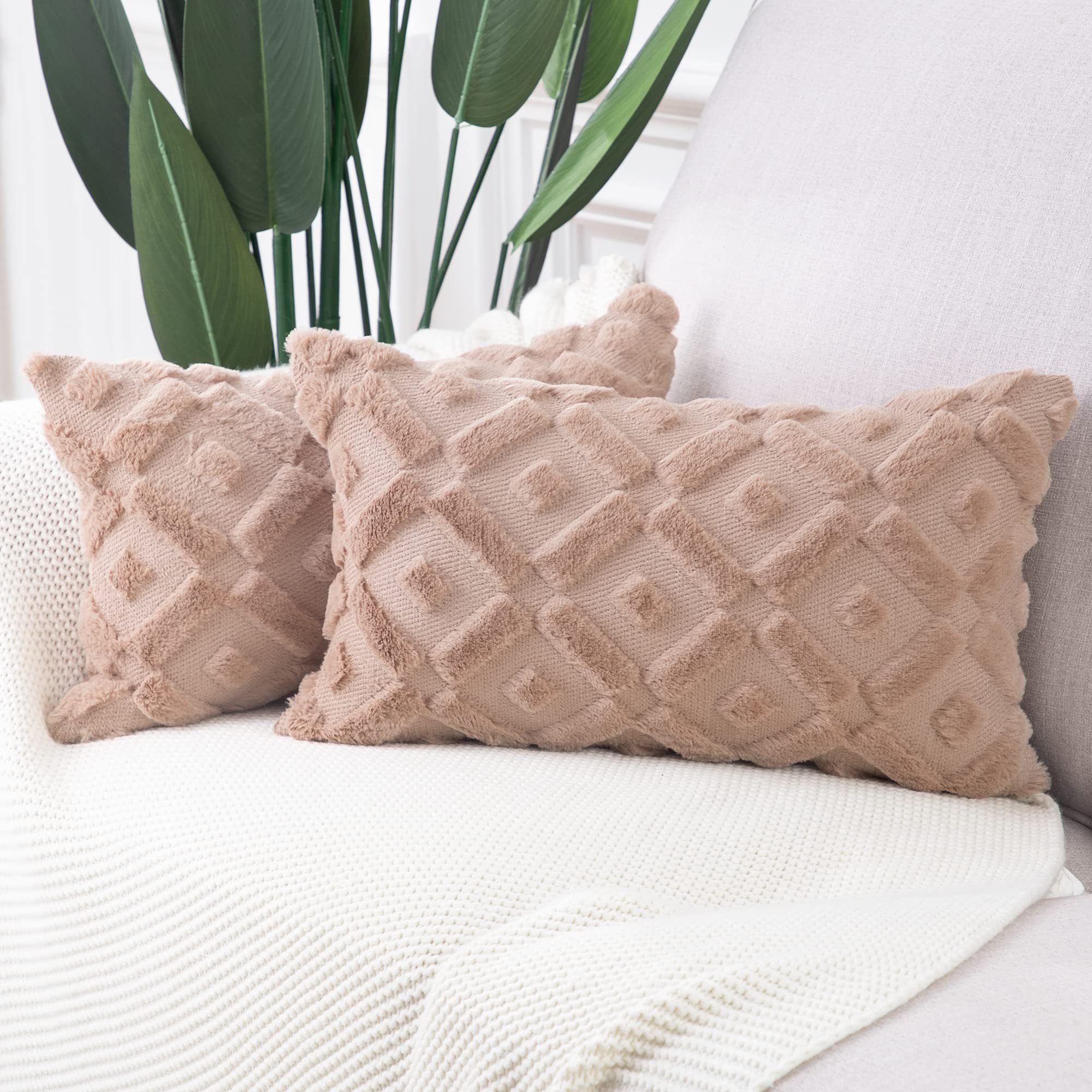 Madizz Set of 2 Soft Plush Short Wool Velvet Decorative Cushion Covers Luxury Style Throw Pillow Cases Pillow Shell for Sofa Bedroom Light Brown 12x20 inch, 30x50 cm Rectangular