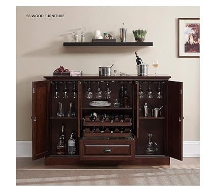 SS WOOD Furniture Sheesham Wood Peetz Royal Bar Cabinet with Wine Glass Storage for Living Room | Chestnut Finish