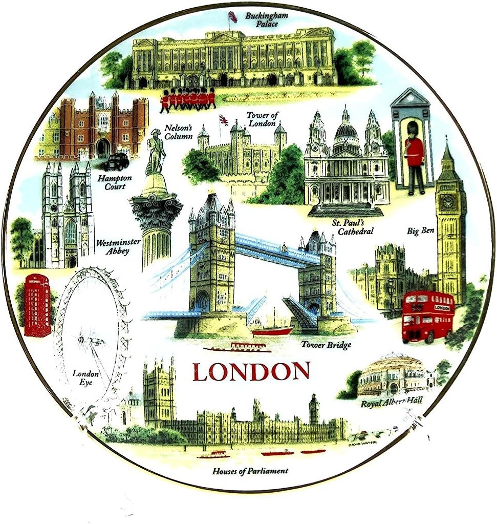 Fine Porcelain Plate - London Everything with Tower Bridge (15 cm with Stand), London Collectable Souvenir