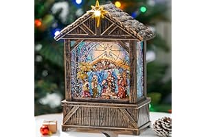 SOLGICAR Nativity with Star Musical Lighted Water Creche with Swirling Glitter, Christmas Snow Globe Nativity Manger for Xmas with Music, Holiday Decorations Gifts for Family, Children or Friends