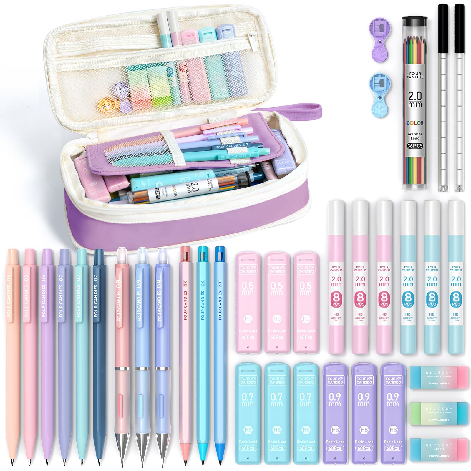 Photo 1 of Four Candies 36PCS Aesthetic School Supplies, Mechanical Pencil Set 0.5mm, 0.7mm, 0.9mm & 2.0mm with 624 Lead Refills, Back to School Supplies for Writing & Drawing, Ideal Stationary Set Gift (Purple)