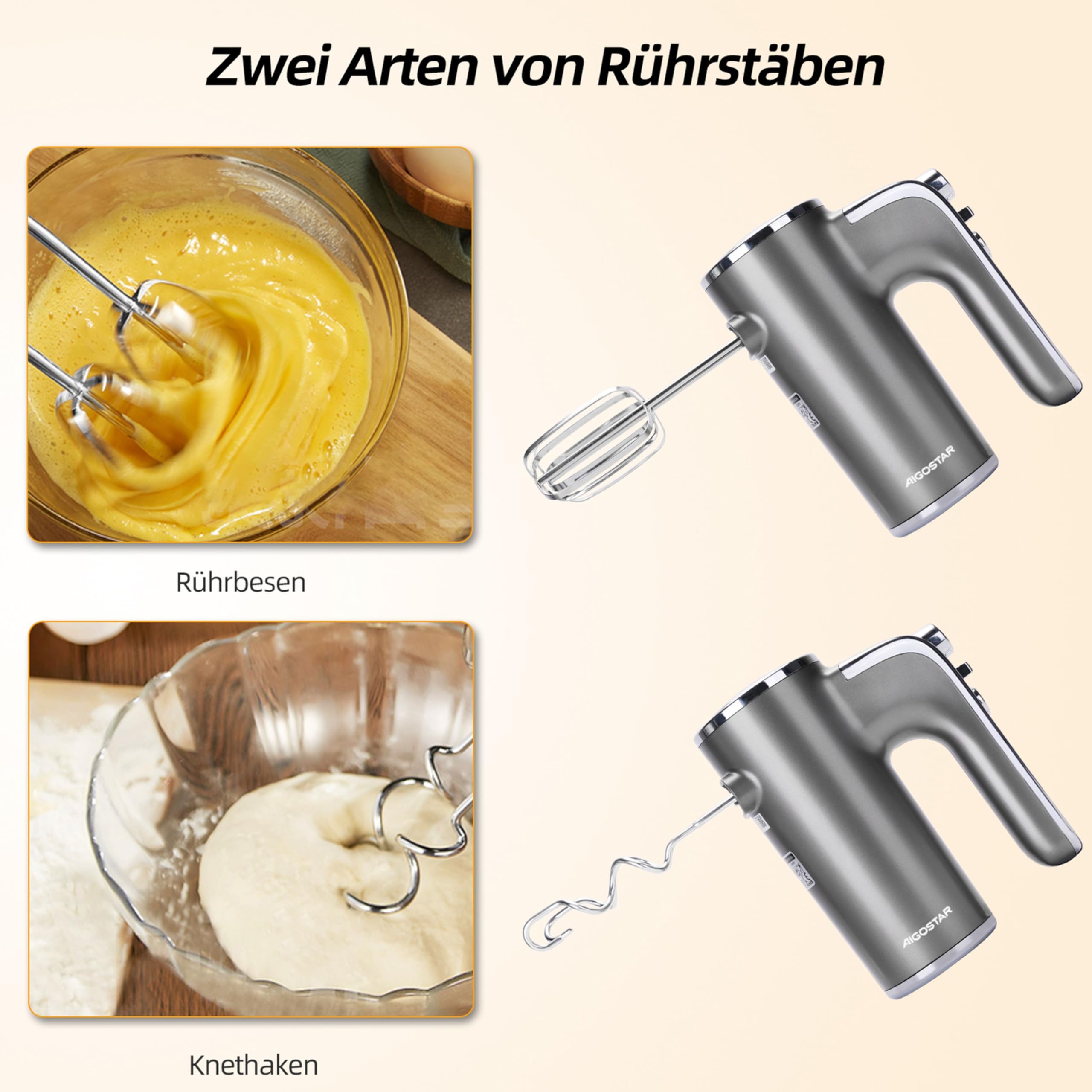 Aigostar Handmixer Elektrischer, 400 W Ultra Power Mixer Handrührer mit 1 Aufbewahrungshalterung, 5 Geschwindigkeiten, Turbo Boost, 2 Schneebesen und 2 Knethaken, für Eier, Teig, Kuchen.Adela 4