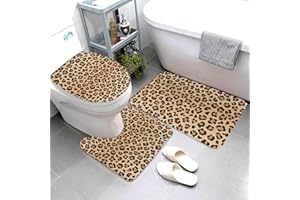 Jbofyee Leopard Pattern 3 Piece Bathroom Rugs Set, Bath Mat + Contour Mat + Toilet Seat Cover, Non-Slip Soft Microfiber Bathmat for Tub Shower Room Decor, Machine Washable
