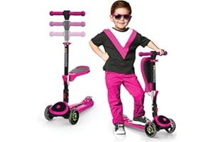 SKIDEE Kick Scooters for Kids Ages 3-5, Adjustable Height Foldable Scooter with Removable Seat, 3 LED Light Wheels, Rear Brake, Wide Standing Board, Suitable Up to 12 Year Old Boys/Girls