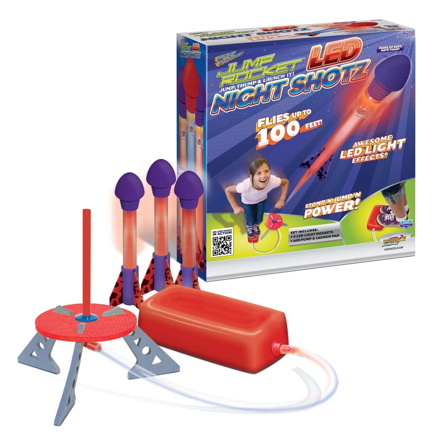 Geospace Jump Rocket Led Night Shotz - Jump Pump, Launcher & Light-Up Flying Foam Rockets
