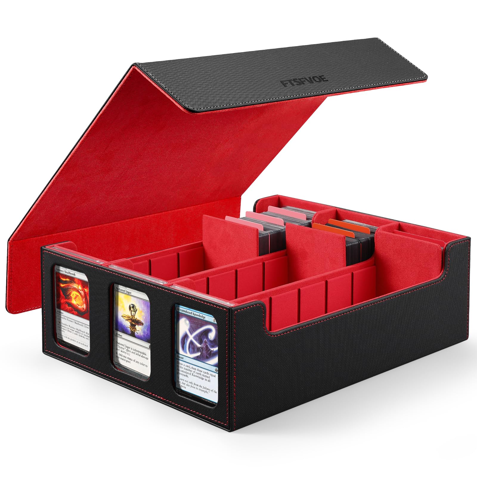 Photo 1 of Trading Card Storage Box for Commander - 2400+ Card Deck Box with Removable Cover, 24 Colorful Divider Tabs, Card Storage Box with Viewing Windows Fits for Magic Game (Black&Red)