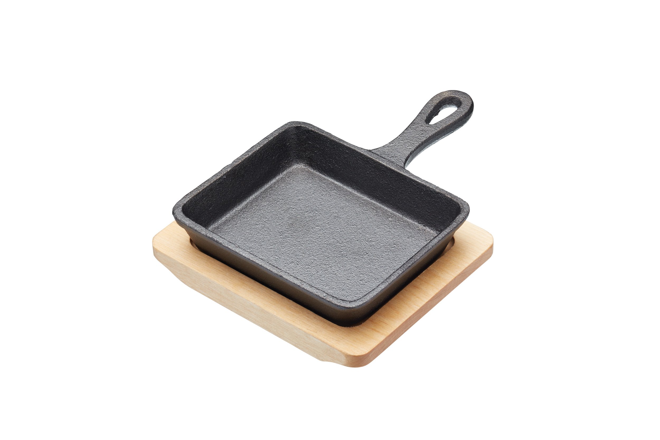 Artesà Mini Frying Pan with Wooden Serving Board in Gift Box, Rectangular, Cast Iron, 12.5 x 10.5 cm, Black/Beige