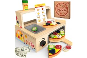 WOODMAM Wooden Pizza Toy - 48 PCS Montessori Pretend Play Food for Ages 3+, Educational Learning Toy Wooden Playset with Bake Oven, Christmas Birthday Gift for 3 4 5 6 Year Old