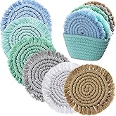 Coasters Set of 6 for Drinks Boho Absorbent Woven Cotton Coaster with Holder Farmhouse Tassel Macrame Cup Mat Housewarming Gift for Coffee Table Home Kitchen Office Decoration, 4 in(Mint Color)