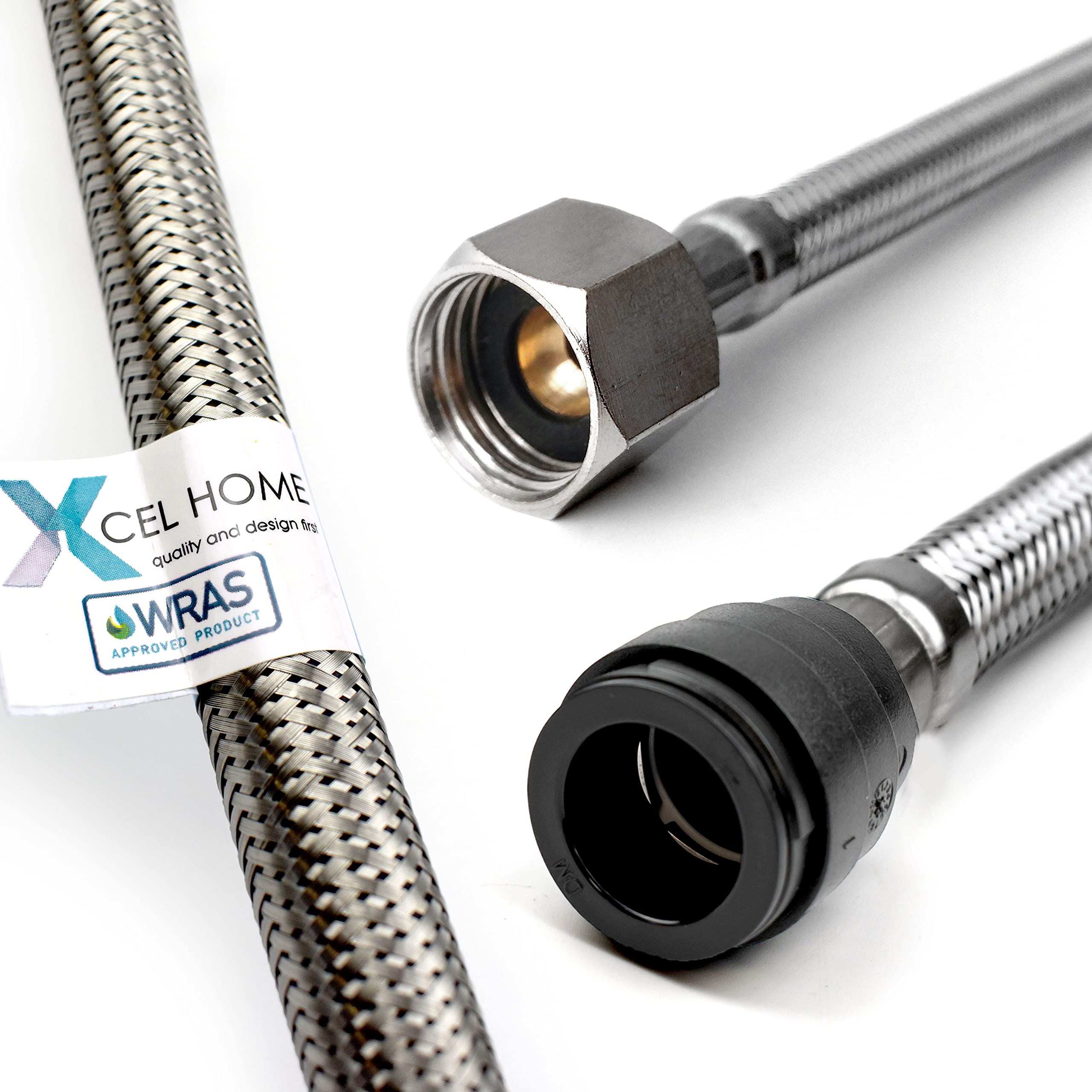 Xcel Home WRAS Approved PushFit Flexible Connector 15mm x 1/2" BSP (500mm Long) | 3 Lengths Available | Tap Connectors for Kitchen Sink/Bathroom Basin Stainless Steel Braided Flexi Tail | 1 Pipe