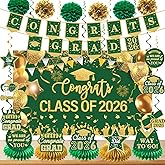 Green Gold Graduation Decorations Class of 2026 Congrats Grad 2026 Banner and Backdrop with 2026 Graduate Party Centerpieces Hanging Swirls Streamers Tissue Pom Poms Paper Flower Set